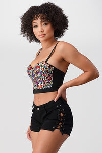 Black/Pink Multi-Colored Stone Crop Bustier Top