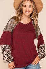 Burgundy/Gold Two Tone Hacci Leopard Foil Color Block Top