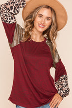 Burgundy/Gold Two Tone Hacci Leopard Foil Color Block Top