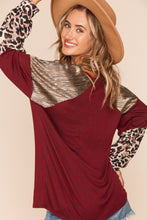 Burgundy/Gold Two Tone Hacci Leopard Foil Color Block Top