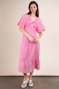 Pink Mineral Washed Elastic Neck Detail Midi Dress