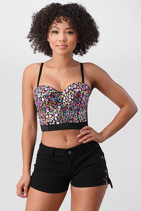 Black/Pink Multi-Colored Stone Crop Bustier Top