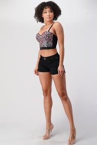 Black/Pink Multi-Colored Stone Crop Bustier Top