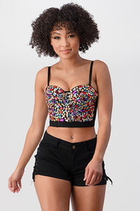 Black/Pink Multi-Colored Stone Crop Bustier Top