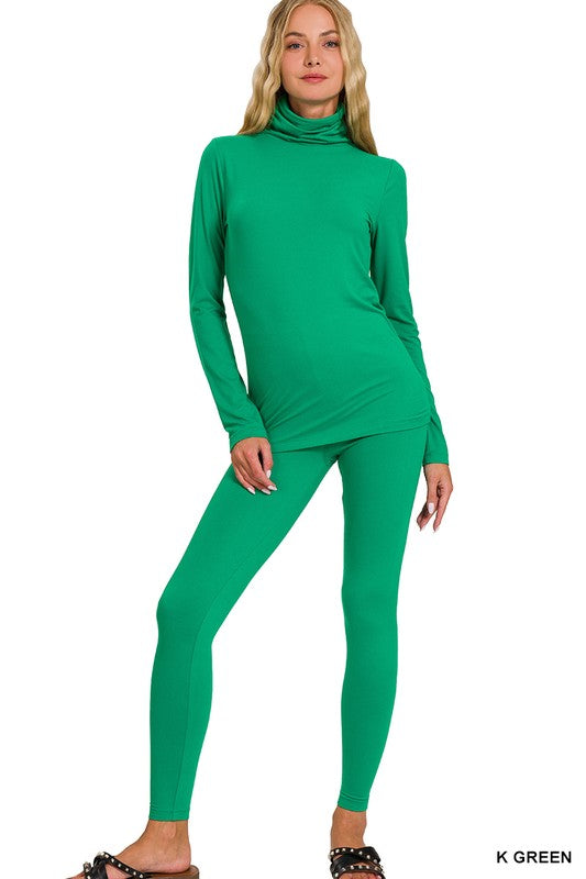 Green Microfiber Mock Neck Top & Leggings Set