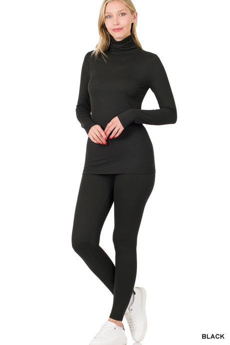Black Microfiber Mock Neck Top & Leggings Set