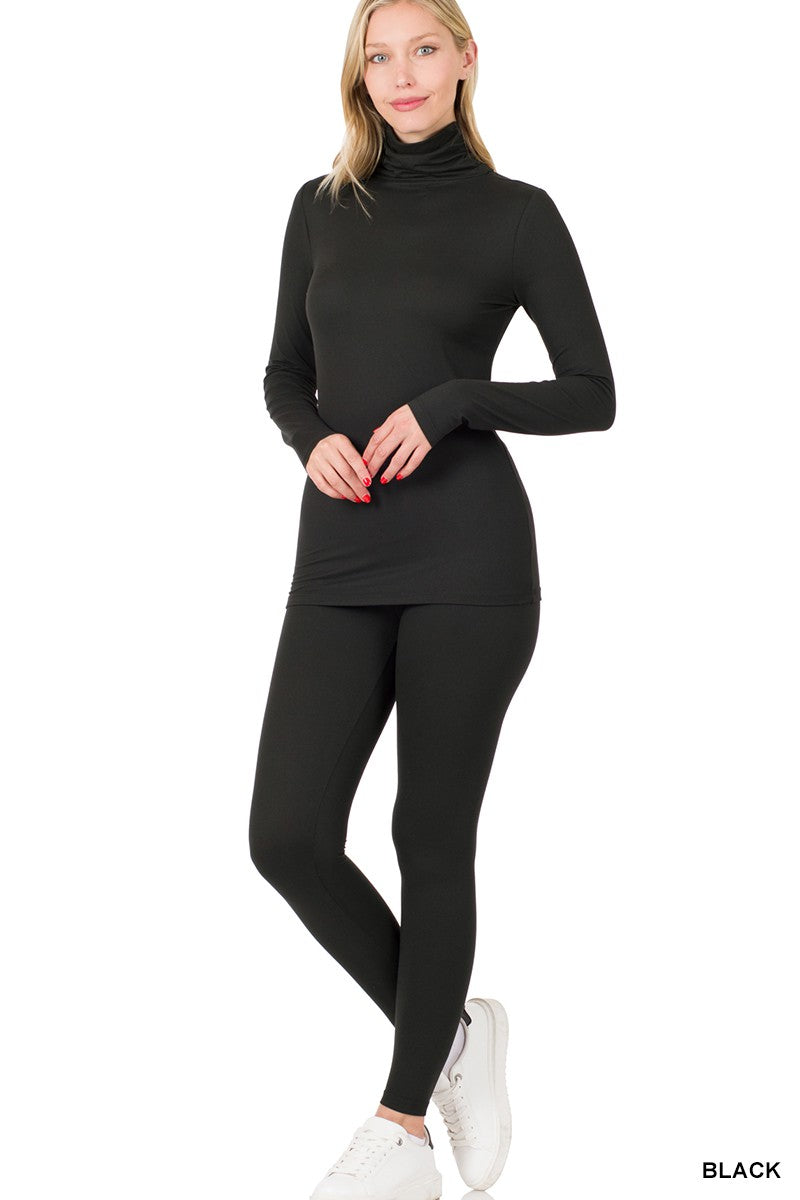 Black Microfiber Mock Neck Top & Leggings Set
