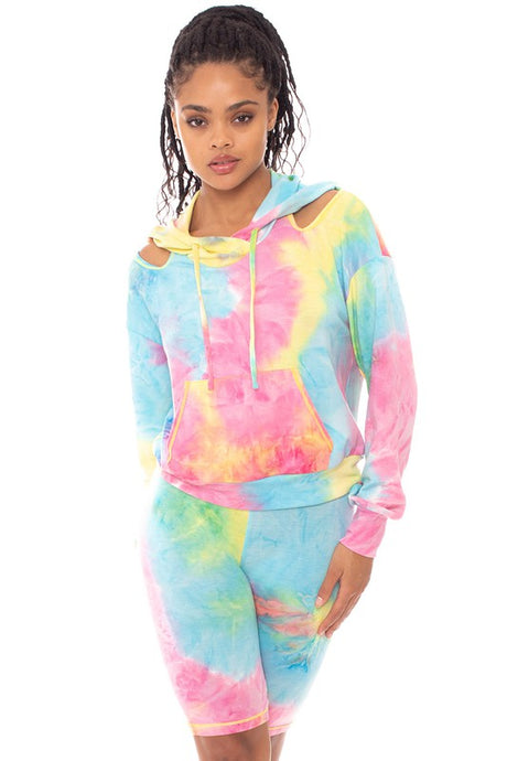 Pink/Yellow Tie Diy Cut Out Detail Sweatershirt Pullover Set