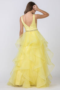 Yellow Chiffon Ruffled Faille Organza Long Dress