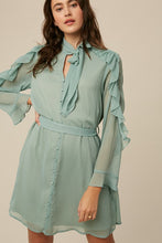 Sea Foam Tie Neck Ruffle Button down Chiffon Dress
