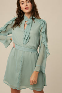 Sea Foam Tie Neck Ruffle Button down Chiffon Dress