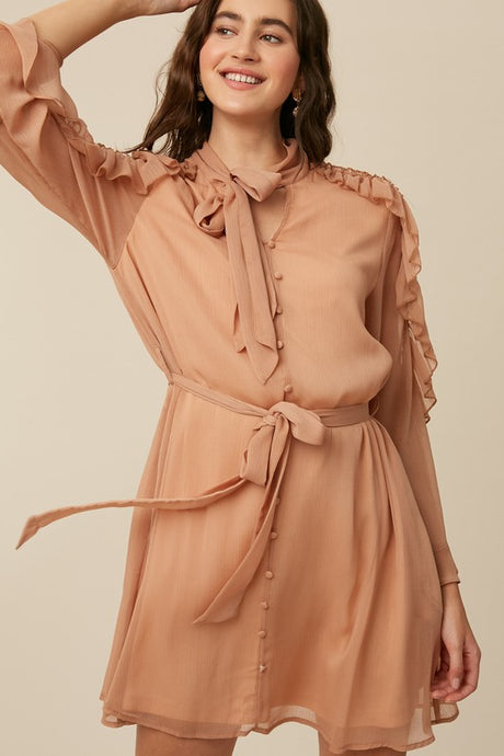 Dusty Rose Tie Neck Ruffle Button down Chiffon Dress