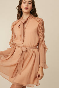 Dusty Rose Tie Neck Ruffle Button down Chiffon Dress