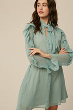 Sea Foam Tie Neck Ruffle Button down Chiffon Dress