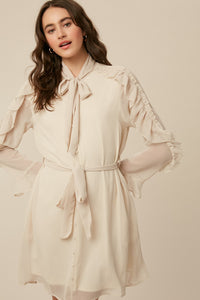 Champagne Tie Neck Ruffle Button down Chiffon Dress
