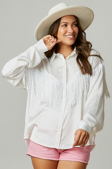 Off White Sequin Fringe Satin Shirt