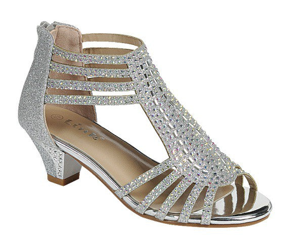 Girl's Strappy Open Toe Rhinestone Glitter Low Heels Sandals(Silver)