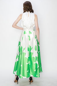 Green Flower Print Pleated Maxi Skirt with Waist Ribbon