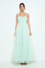 Light Green Bow Tie Strap Lace-up Back Tulle Maxi Dress