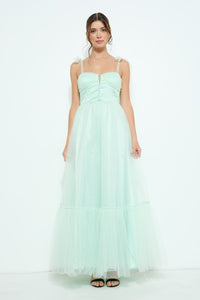 Light Green Bow Tie Strap Lace-up Back Tulle Maxi Dress
