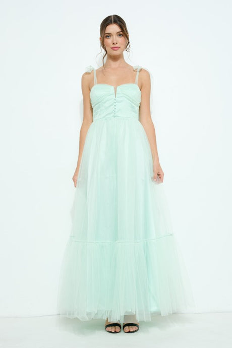 Light Green Bow Tie Strap Lace-up Back Tulle Maxi Dress