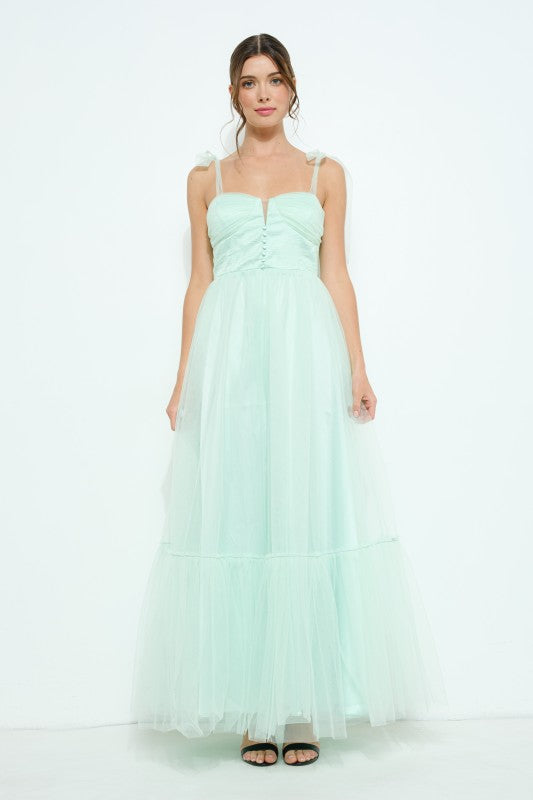 Light Green Bow Tie Strap Lace-up Back Tulle Maxi Dress
