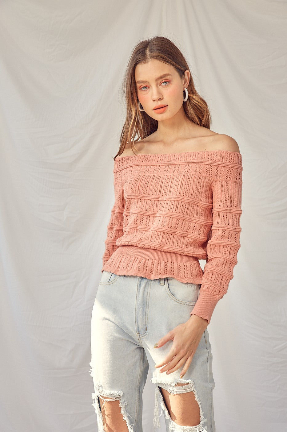 Dusty Coral Off Shoulder Eyelet Top