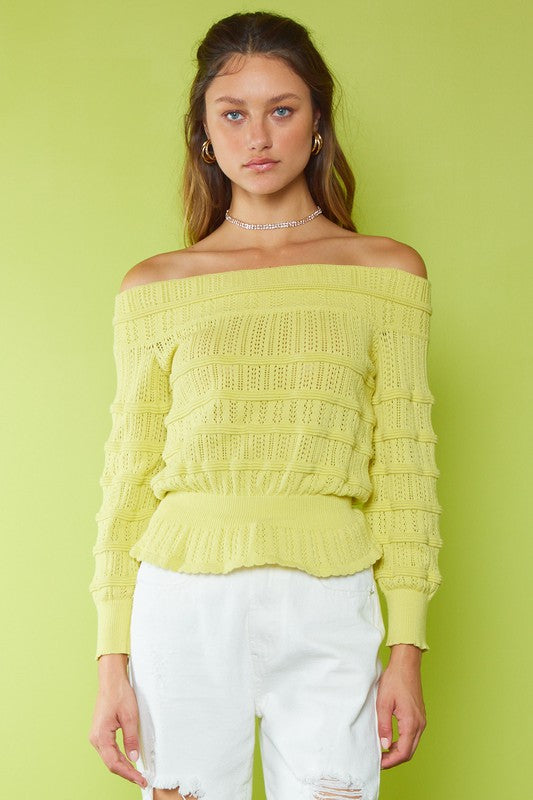 Lime Yellow Off Shoulder Eyelet Top