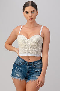 White Pearl Beaded Push Up Bustier Bra Crop Top