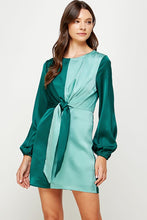 Alpine Green/Dusty Color Block Front Tie Satin Mini Dress