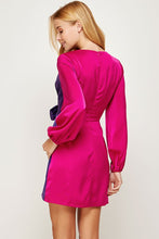 Fuchsia/Purple Color Block Front Tie Satin Mini Dress