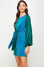 Alpine Green/Deep Color Block Front Tie Satin Mini Dress