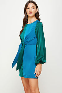 Alpine Green/Deep Color Block Front Tie Satin Mini Dress