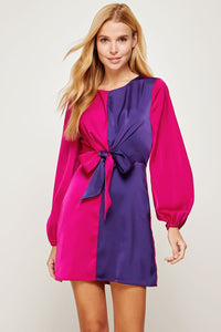 Fuchsia/Purple Color Block Front Tie Satin Mini Dress