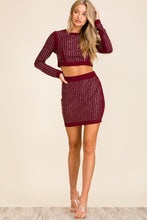 Burgundy Hotfix Skirt Set With Long Slv Top