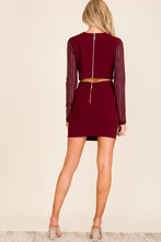 Burgundy Hotfix Skirt Set With Long Slv Top