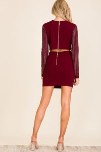 Burgundy Hotfix Skirt Set With Long Slv Top