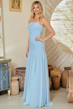Light Blue Strapless Gathered Chiffon Sheath Gown