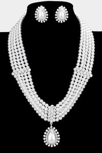 Teardrop Pearl Stone Necklace Clip On Earring Set