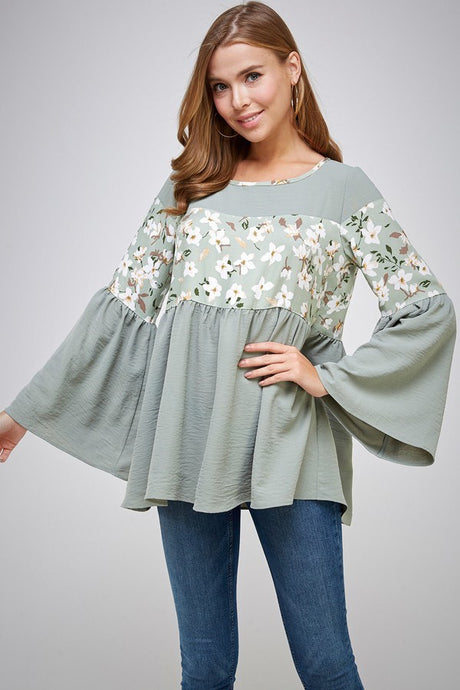 Sage Floral Wild Long Sleeve Block Flower Round Neck