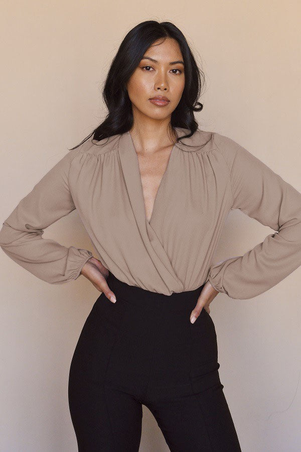 Taupe Solid Chiffon Surplice Bodysuit