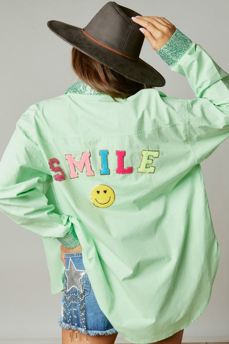 Apple Green Smile Sequin Patch Shirt