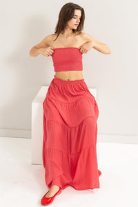 D.Coral Tube Top And Tiered Maxi Skirt Set