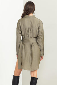 Olive Easy Win Button-Up Belted Shirt Dress