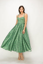 Green/White Satin Trellis Print Bustier Flared Midi Dress