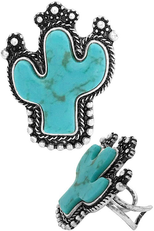 Turquoise Western Concho Cactus Gemstone Flexible Cuff Ring