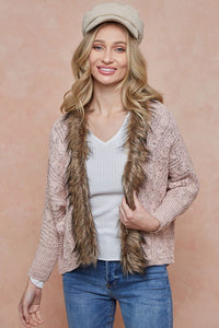 Pink Sweater Cardigan with Faux Fur Trim