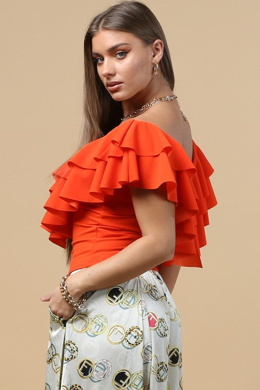 Orange V Neck Ruffled Top