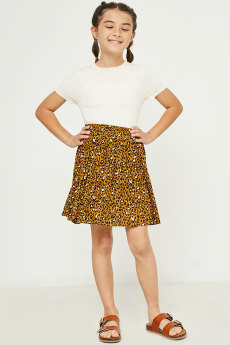Mustard Girls Leopard Pleated Elastic Waist Pleated Skirt