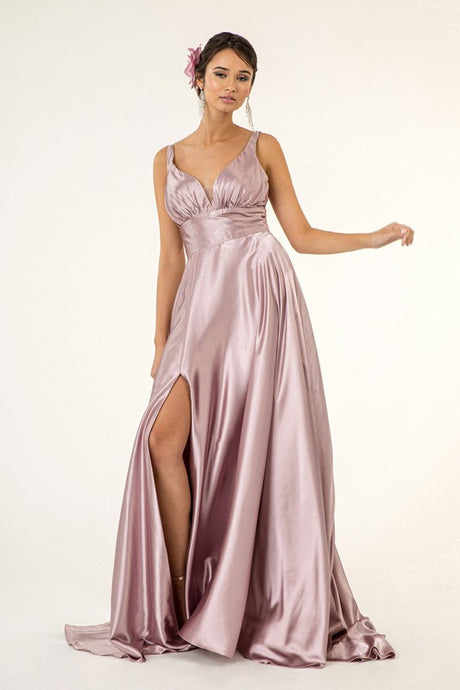 Mauve V-Neck Wide Waistband A-Line Satin Long Dress /W Slit